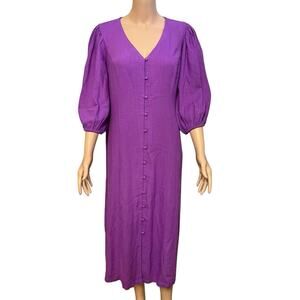 J Jill Linen Blend Midi Dress Medium Button Down Puff Sleeve Purple Shift Casual